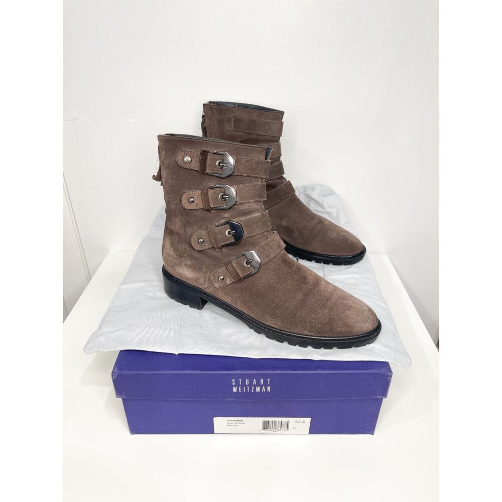 Stuart Weitzman Jitterbug Suede Brown Buckle Platform Ankle Moto Boots 7.5